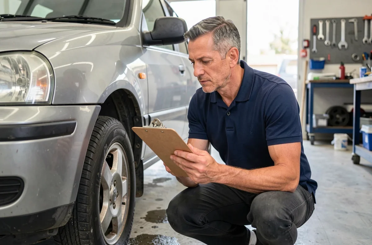 Expert automobile évaluant la valeur d'un SUV d'occasion dans un garage d'expertise professionnelle