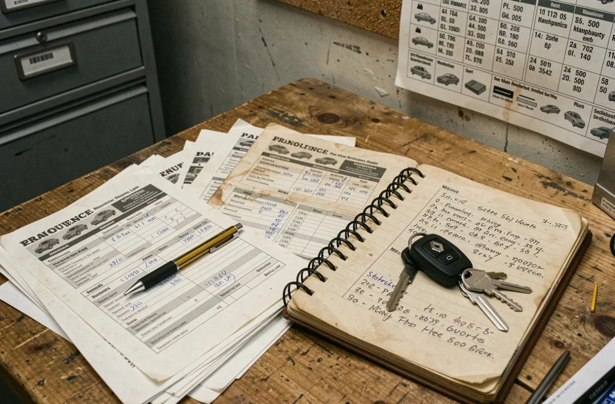 Factures d'entretien et carnet de maintenance d'un moteur dCi étalés sur un bureau d'atelier