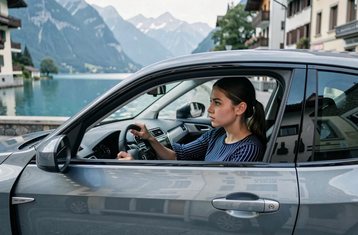 Élève conduisant une voiture de FAIRPLAY AUTOECOLE dans les rues d'Annecy avec le lac en arrière-plan