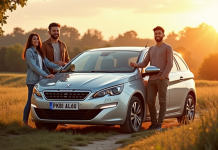 Famille souriante avec leur Peugeot 308 GT en plein air