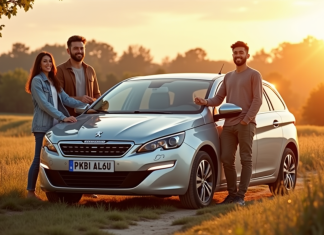 Famille souriante avec leur Peugeot 308 GT en plein air