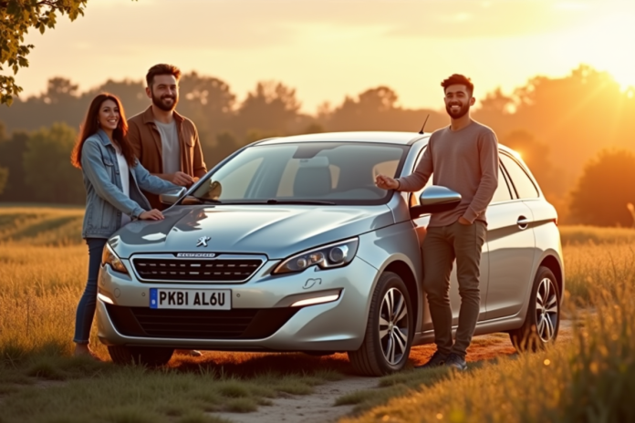 famille-peugeot-308-gt-campagne Famille souriante avec leur Peugeot 308 GT en plein air