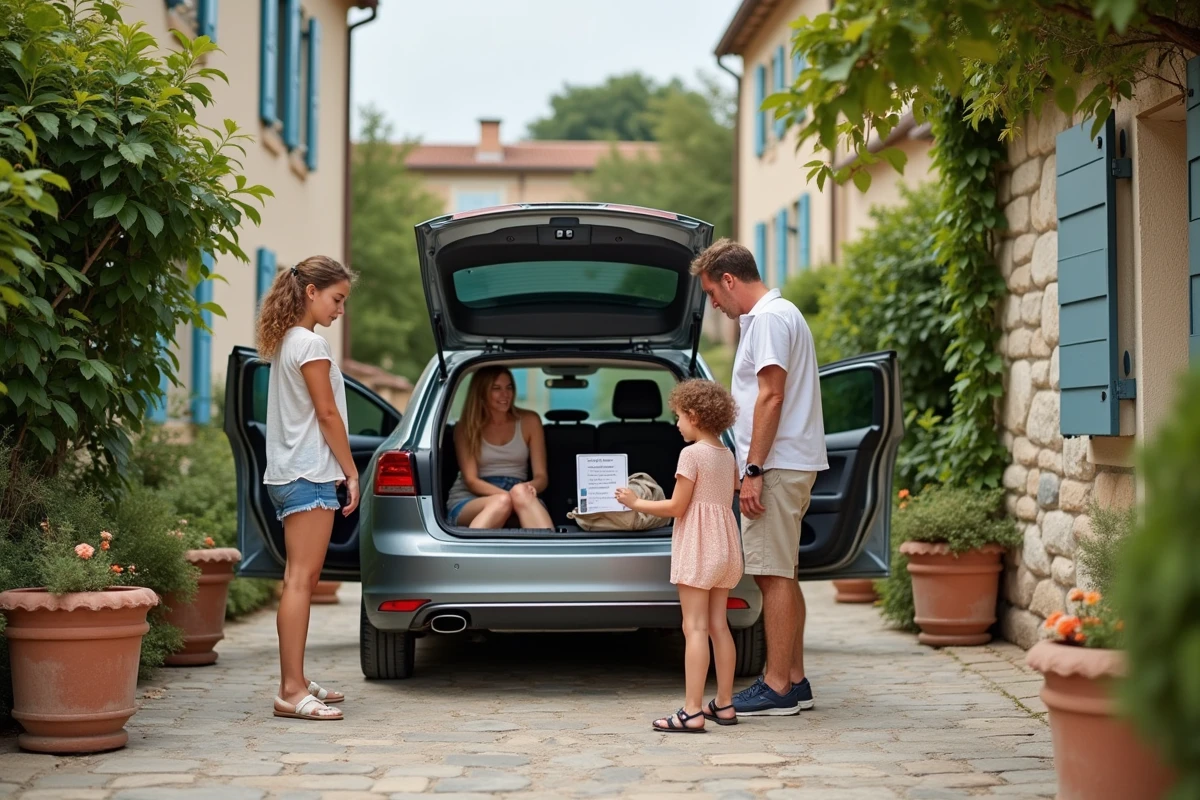 Famille française préparant un road trip estival avec une carte autoroute posée sur le toit de la voiture dans une allée résidentielle