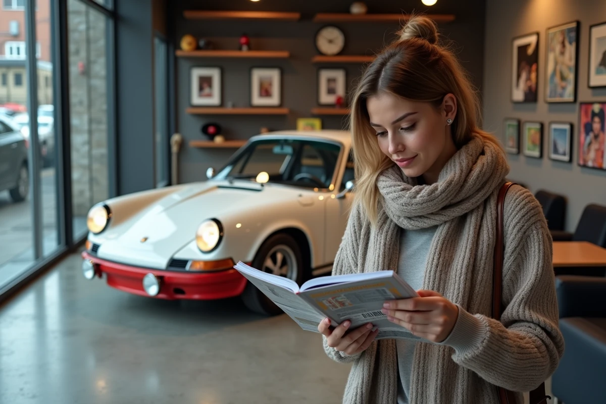 Jeune femme regardant un catalogue de voitures de rallye dans un showroom