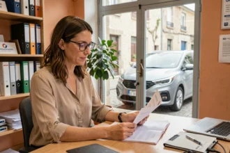 Femme consultant des documents d'assurance auto dans une agence à Villeneuve-sur-Lot