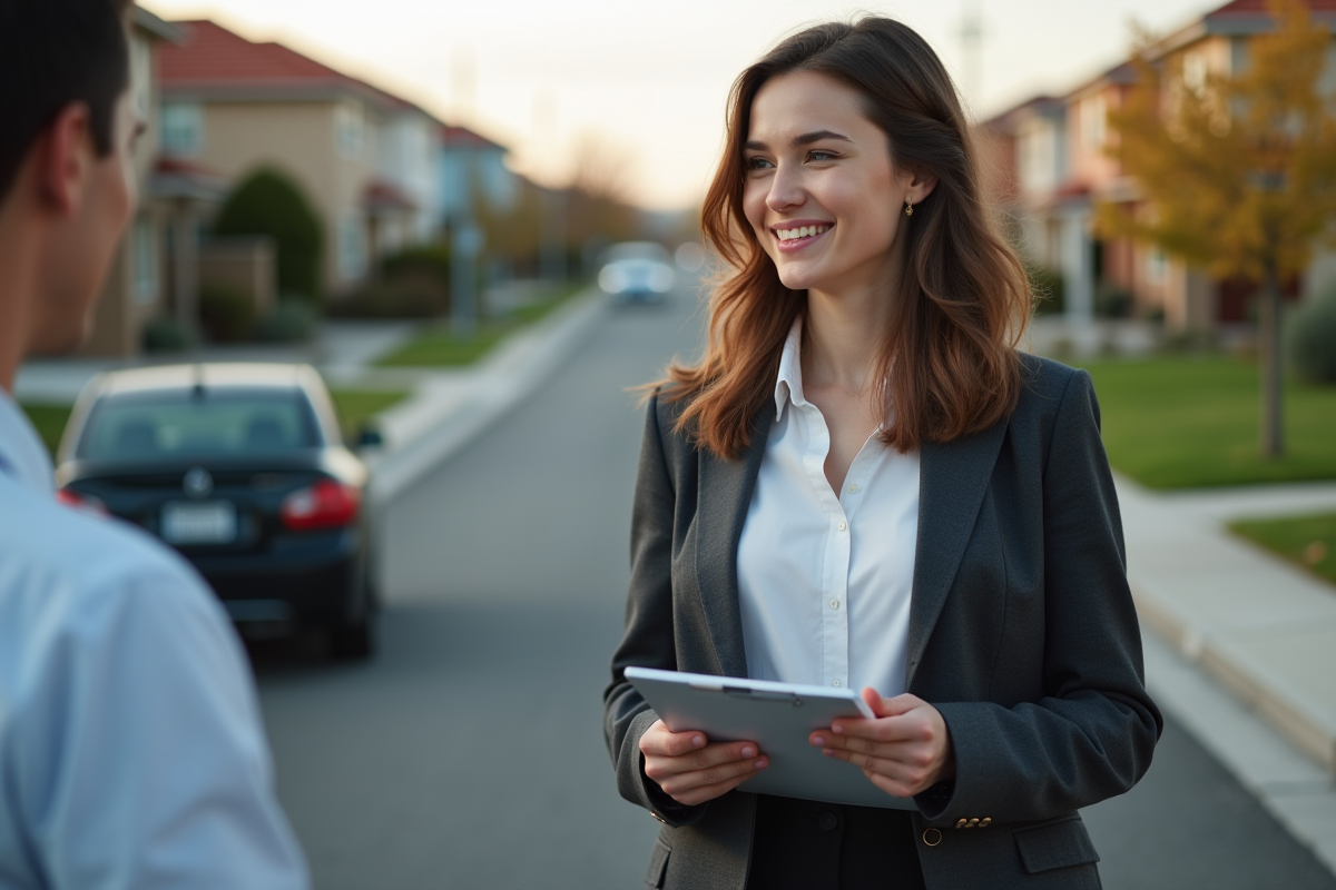 Jeune femme parlant à un agent d
