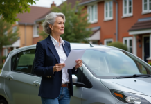 Femme en blazer navy tenant ses papiers d'assurance voiture