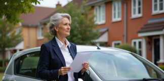 Femme en blazer navy tenant ses papiers d'assurance voiture
