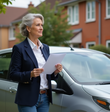 Femme en blazer navy tenant ses papiers d'assurance voiture