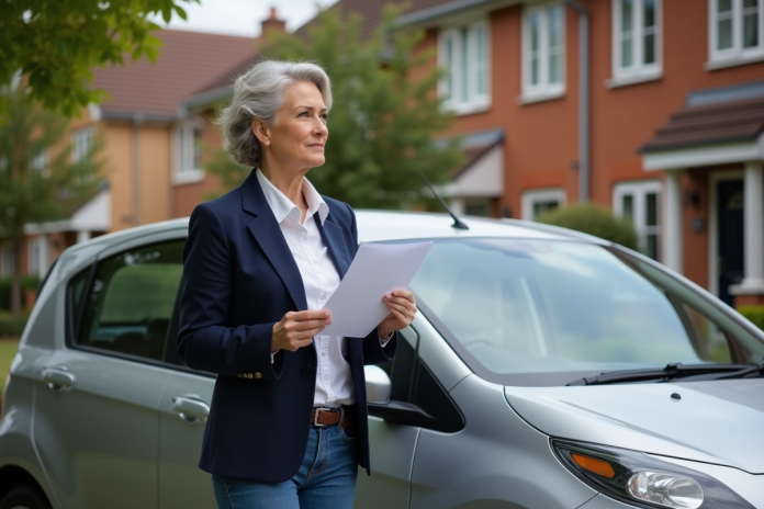 femme-assure-carres-voiture Femme en blazer navy tenant ses papiers d'assurance voiture