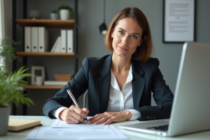 Femme en costume d'affaires remplissant des formulaires d'assurance