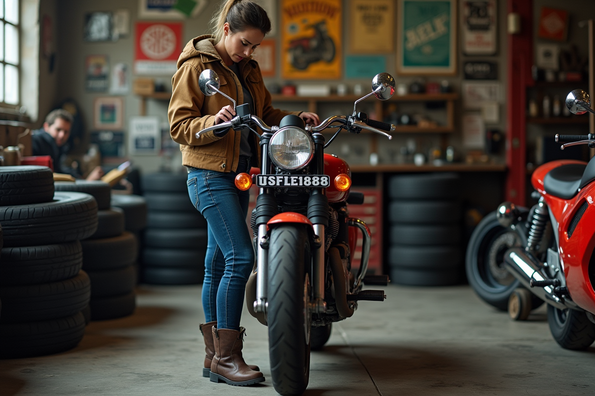 Femme inspectant une moto dans un garage mécanique