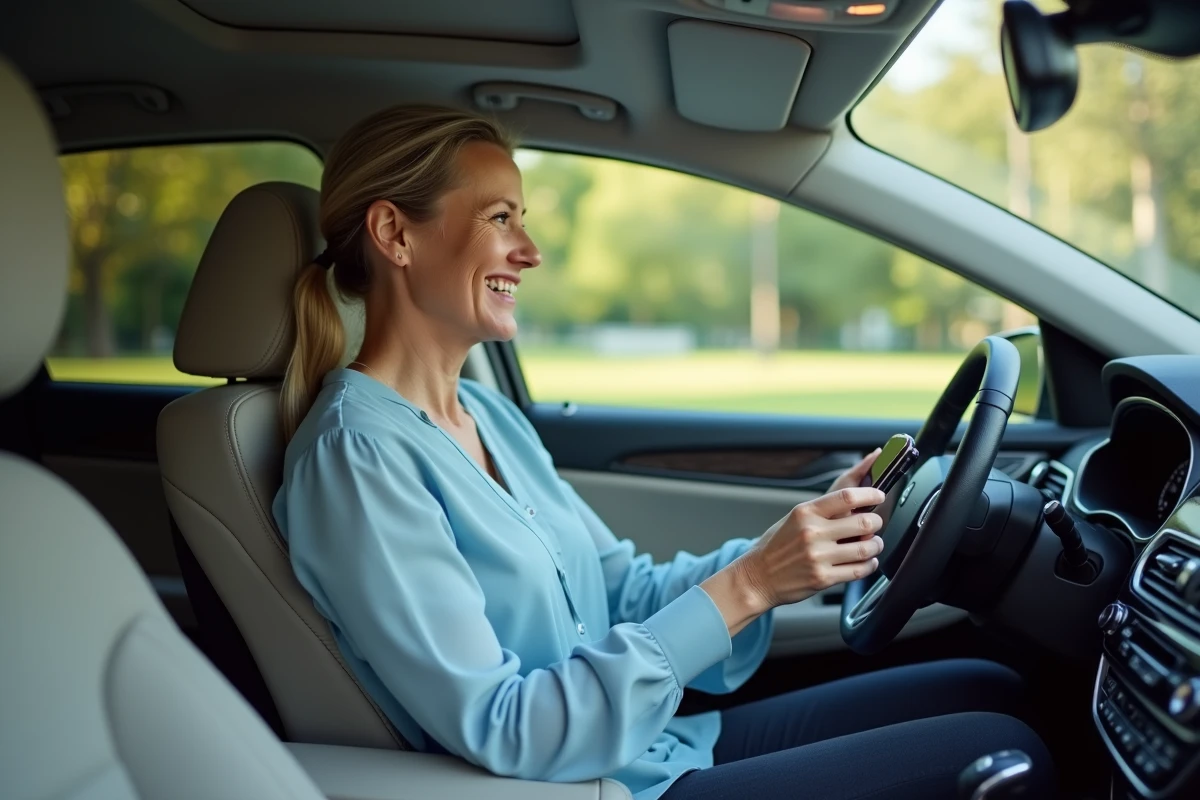 Femme souriante fixe un support de téléphone dans sa voiture