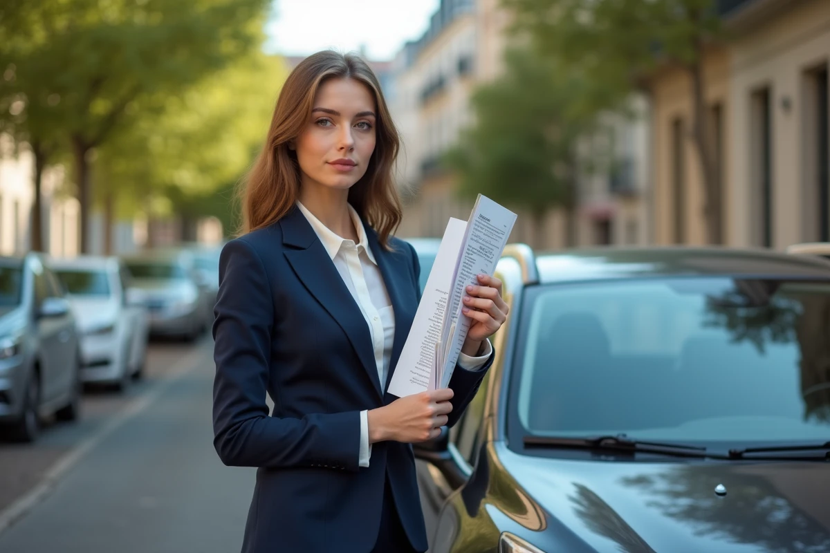 Jeune femme avec documents voiture devant sa voiture en ville