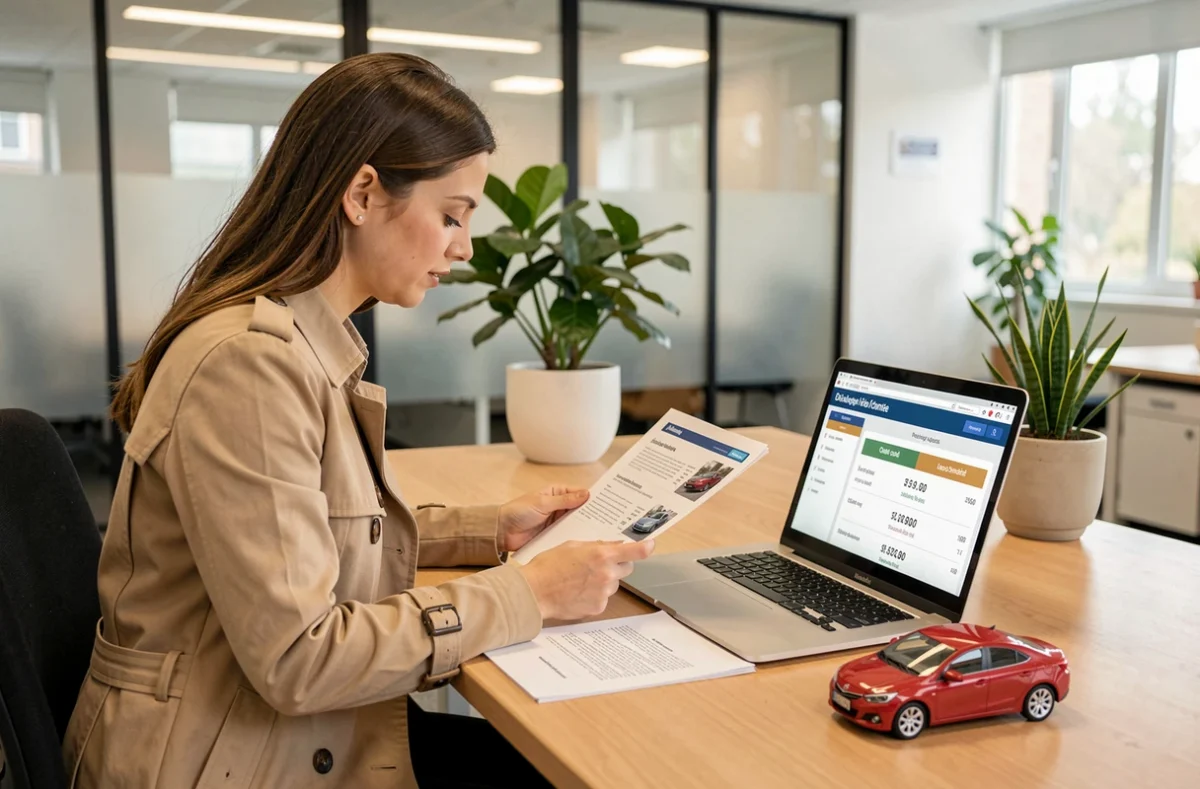 Femme consultant des documents d'assurance auto avec une voiture rouge miniature posée sur un bureau dans une agence d'assurance