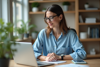 Femme concentrée travaillant sur son ordinateur dans un bureau lumineux