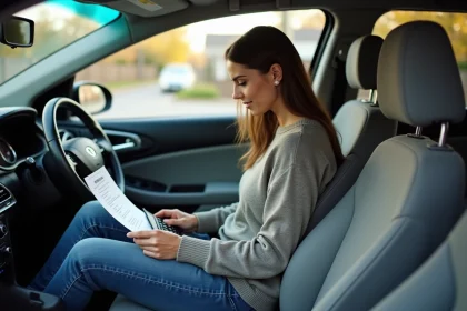 Femme assise dans la voiture vérifiant sa facture de carburant