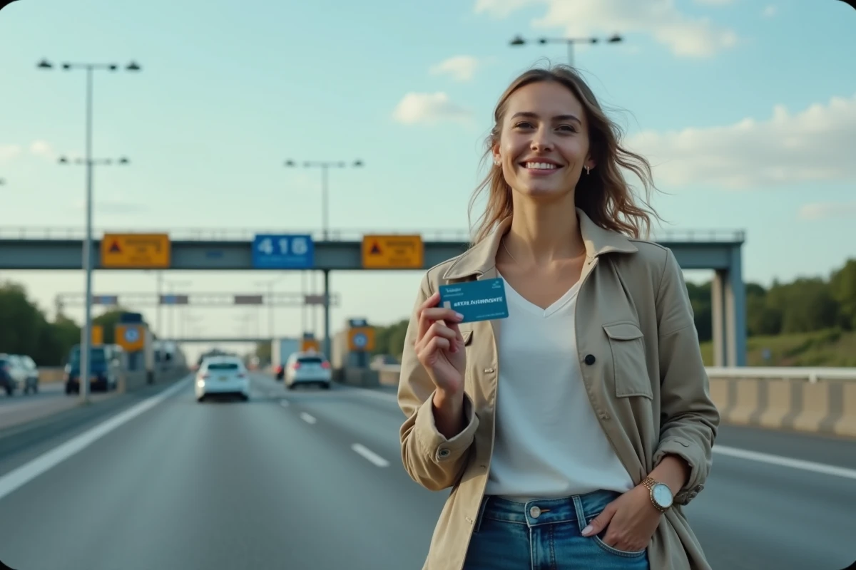 Femme tenant une carte autoroute gratuite devant un péage en France, expression soulagée