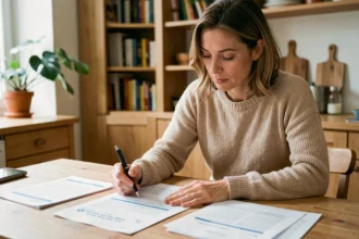 Femme consultant des documents d'assurance automobile à son domicile pour comparer les tarifs