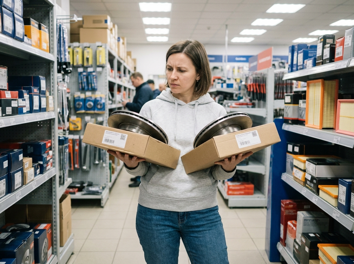 Femme comparant des disques de frein dans un magasin de pièces détachées automobiles