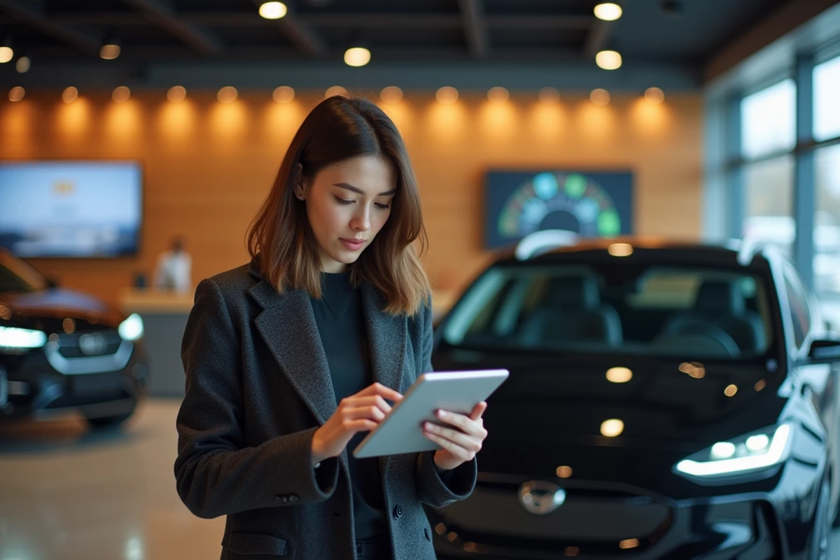 Femme consultant une tablette pour comparer les caractéristiques de voitures chinoises et européennes chez un concessionnaire