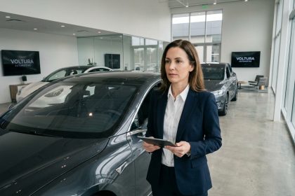 Femme concessionnaire automobile en blazer marine debout à côté d'une voiture électrique moderne dans un showroom contemporain