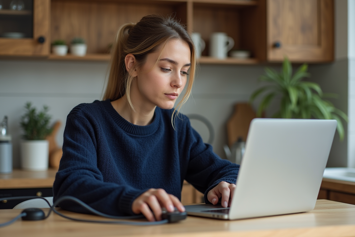 Jeune femme connectant un GPS à son ordinateur dans la cuisine