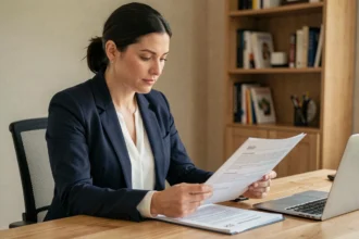 Femme consultant un contrat d'assurance auto à son bureau à domicile, comparant les garanties et tarifs