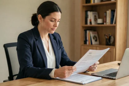 Femme consultant un contrat d'assurance auto à son bureau à domicile, comparant les garanties et tarifs