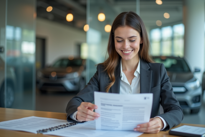 femme-contrat-location-voiture Jeune femme professionnelle vérifiant un contrat de location voiture