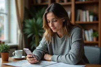 Femme consultant une application de conversion miles en kilomètres sur son smartphone à son bureau à domicile