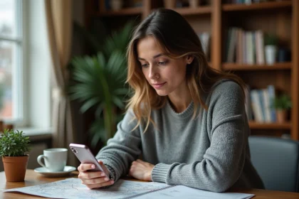 Femme consultant une application de conversion miles en kilomètres sur son smartphone à son bureau à domicile
