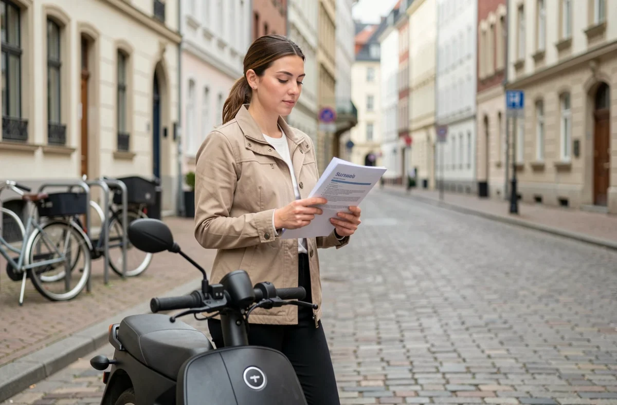 Femme tenant des documents d'assurance à côté d'un scooter électrique 50cc dans une rue pavée européenne