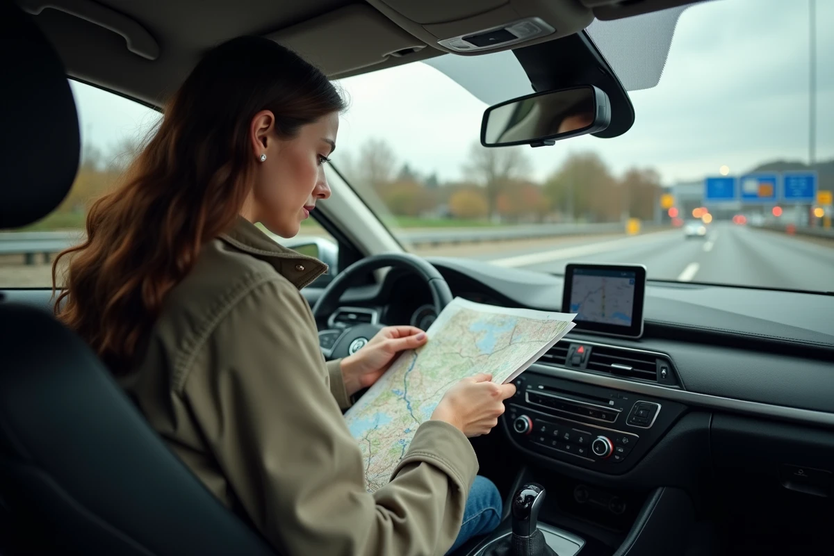 Jeune femme vérifiant une carte dans sa voiture