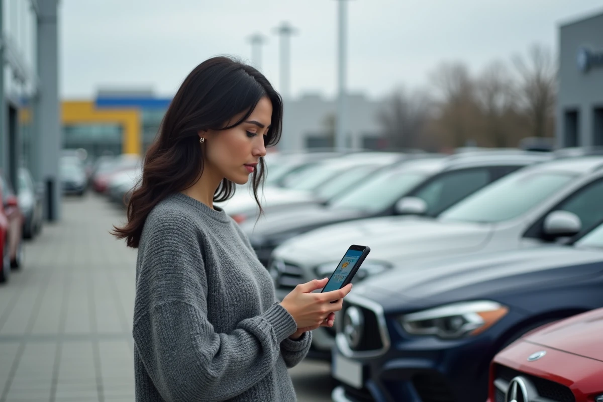 Femme identifiant des logos de marques automobiles avec son smartphone dans un parc de concessionnaire
