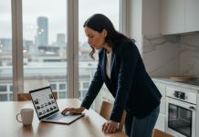 Les nouvelles habitudes d’achat automobile en ligne Femme en blazer comparant voitures en intérieur lumineux