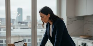 Les nouvelles habitudes d’achat automobile en ligne Femme en blazer comparant voitures en intérieur lumineux