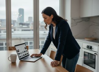 Les nouvelles habitudes d’achat automobile en ligne Femme en blazer comparant voitures en intérieur lumineux