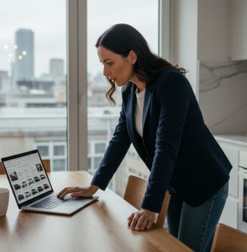 Les nouvelles habitudes d’achat automobile en ligne Femme en blazer comparant voitures en intérieur lumineux