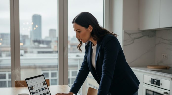 Les nouvelles habitudes d’achat automobile en ligne Femme en blazer comparant voitures en intérieur lumineux