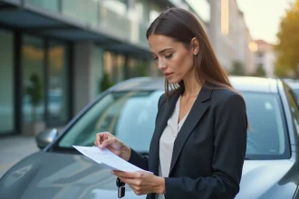 Jeune femme professionnelle consultant un contrat de leasing automobile à 59 euros par mois sans apport devant une voiture compacte en milieu urbain