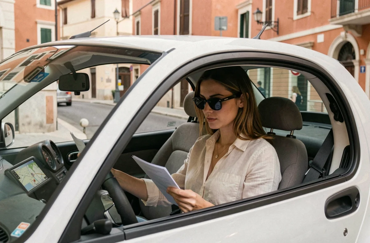 Jeune femme consultant des documents de location dans une voiture sans permis dans une rue de Nice