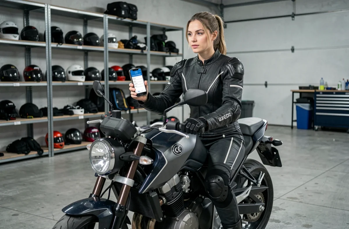 Femme motarde assise sur une moto 650cc dans un garage consultant un comparateur d'assurance moto sur smartphone