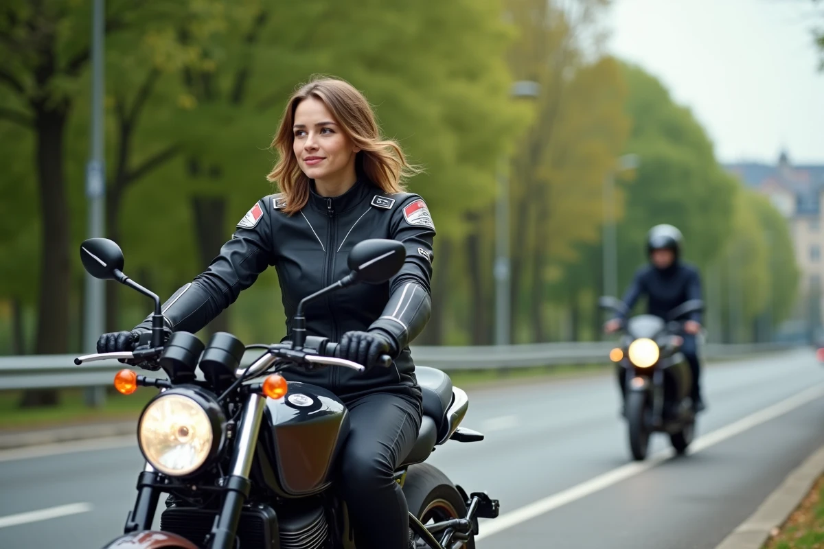 Femme instructeur en moto guidant une élève sur la route