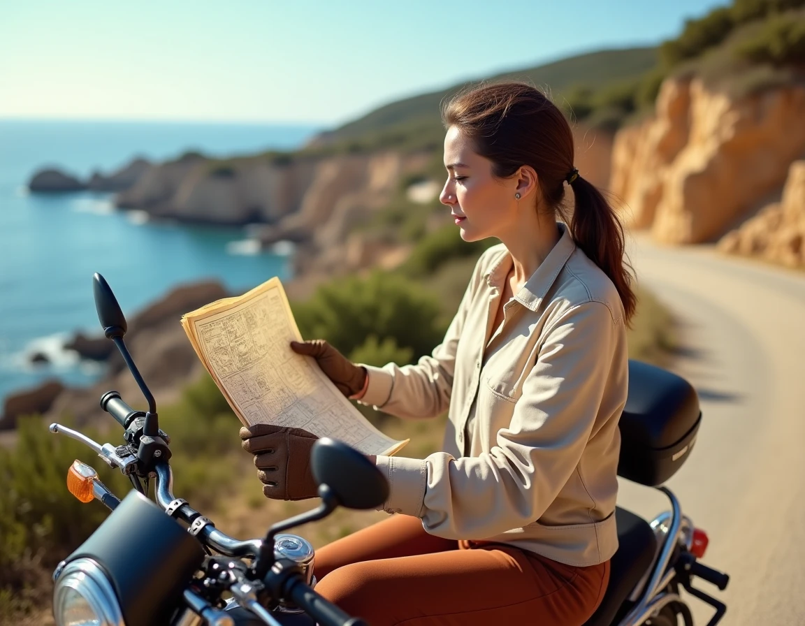 Femme à moto consultant une carte sur une route côtière au Cap d'Agde