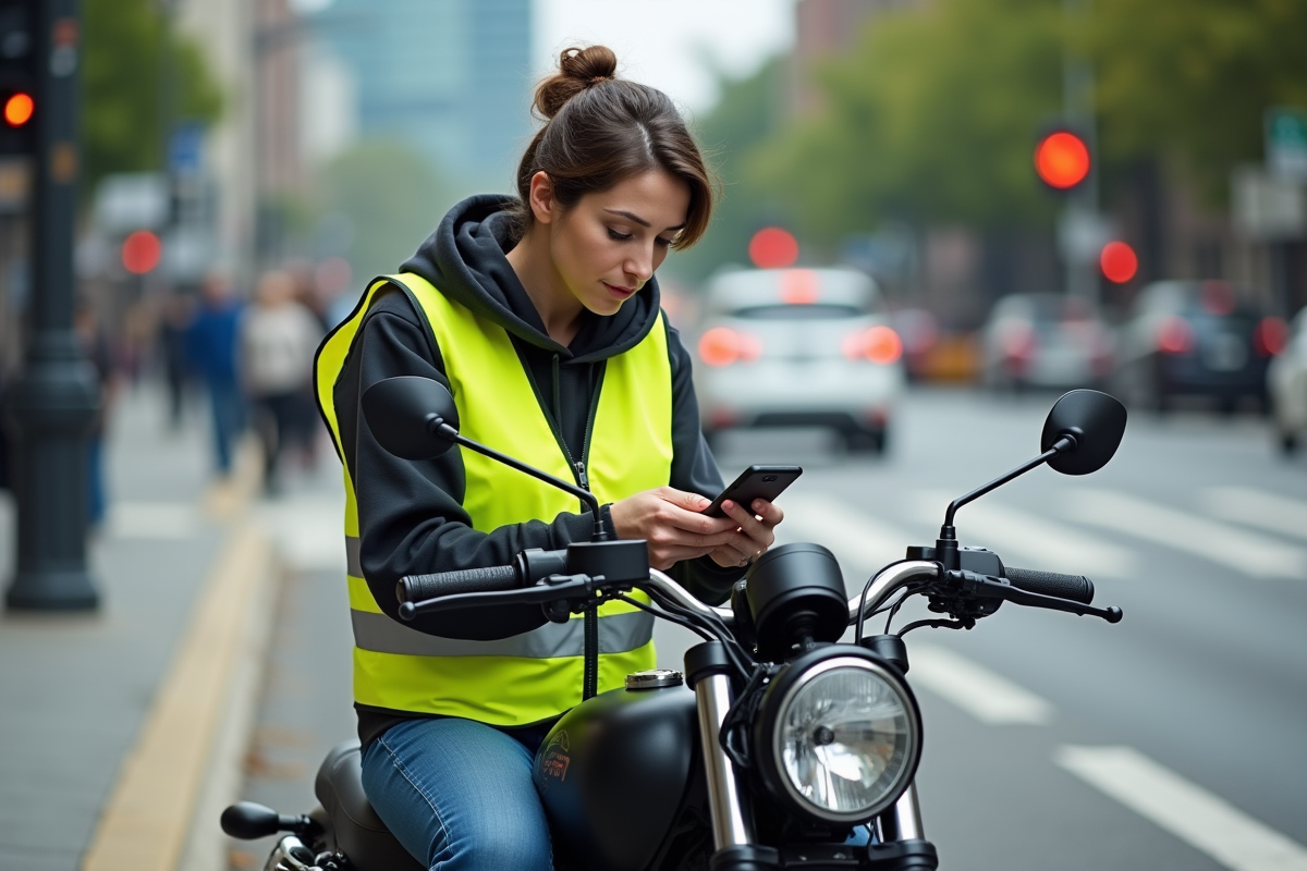 Femme à moto vérifiant sa playlist sur son smartphone en ville