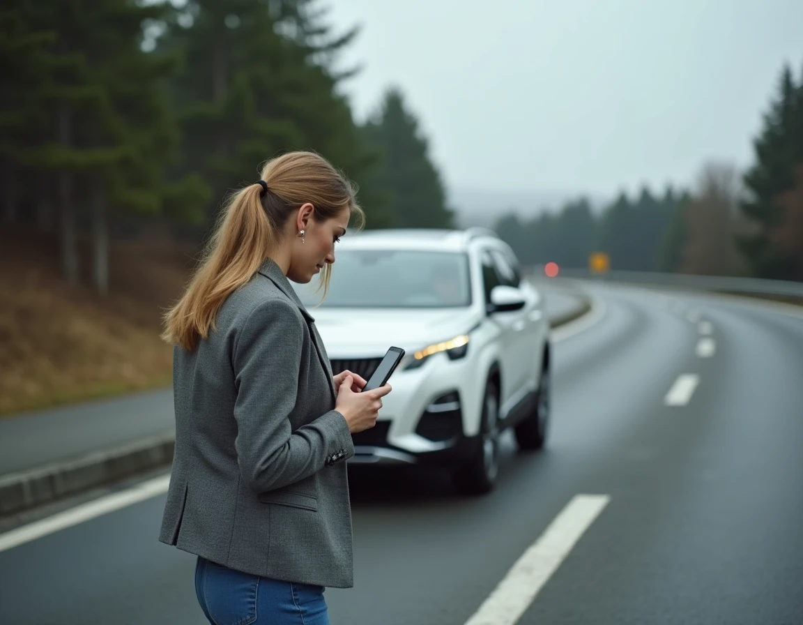 Femme consultant son téléphone à côté d'une Peugeot 5008 arrêtée sur une aire d'autoroute suite à une alerte moteur