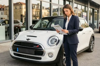 Femme comparant les prix d'une MINI Cooper diesel neuve devant un concessionnaire