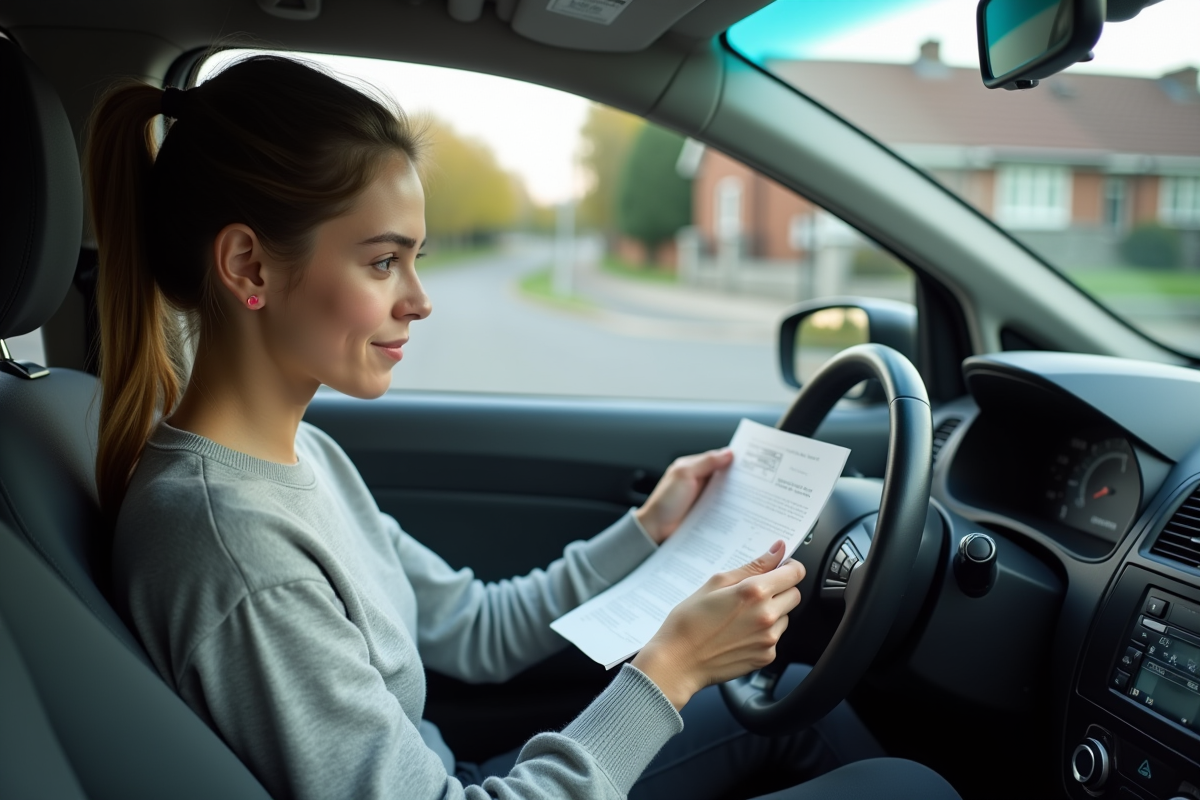 Jeune femme vérifie les réglages du phare dans sa voiture