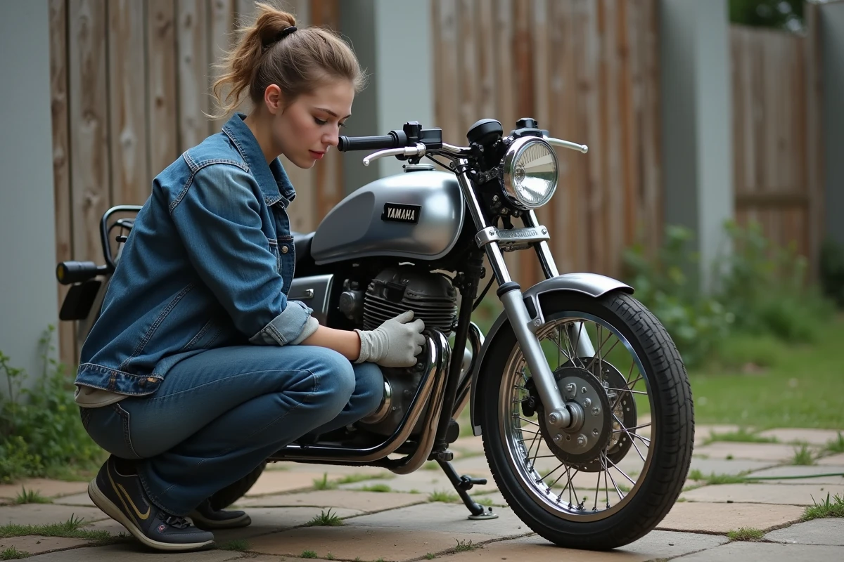 Femme serrant une roue de Yamaha 125 TZR en extérieur
